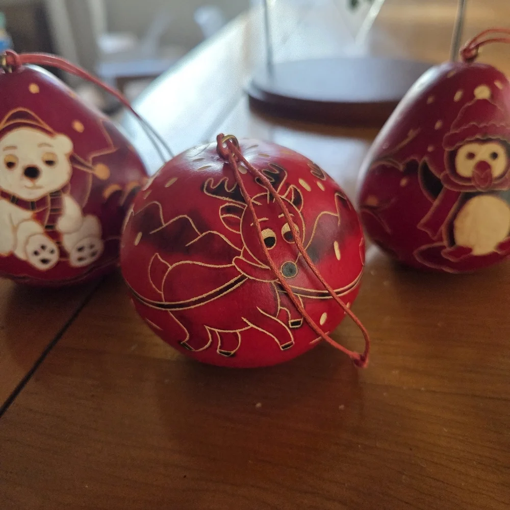 Hand Carved Dried Gourd Ornanent Trio (Polar Bear, Santa & Penguin)